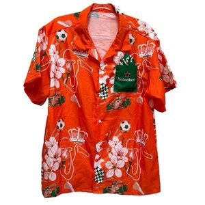 Heineken Dutch Novelty Print Hawaiian Aloha Shirt and Pocket Square Formula 1 F1